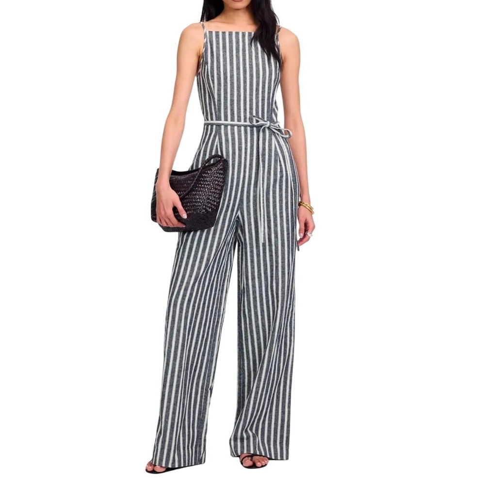 Madewell Wide Leg Jumpsuit Pinstriped Gray White Linen Blend Women's Sz 00 READ